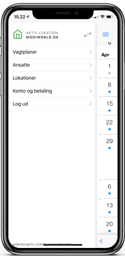 iPhone-skærm med NyVagtplan menu med valg af vagtplaner, ansatte, lokationer og konto