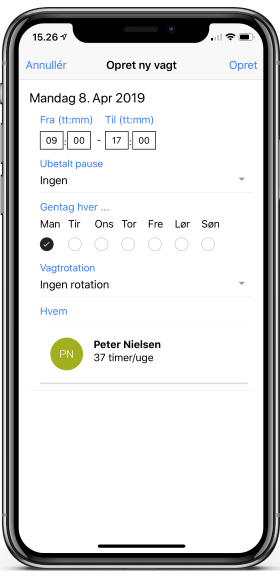 iPhone-skærm med formular til oprettelse af vagt i NyVagtplan med start- og sluttid, gentagelsesdage, rotation og medarbejder