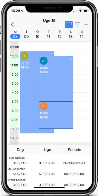 iPhone-skærm med dagsoversigt for vagtplan i NyVagtplan med farvede vagter og arbejdstidssaldi