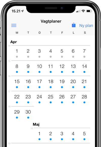 Skærmbillede af NyVagtplan iPhone-app med oversigt over vagtplaner i kalenderformat